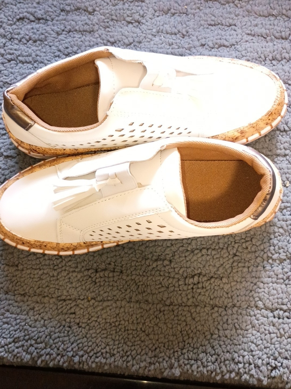 White Slip-On Tassel Sneakers with Cork Trim